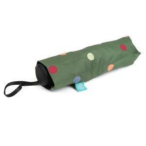 Recycled polyester umbrella with an olive green and multi polkadot print.