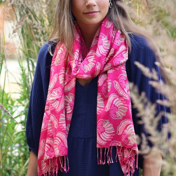 Red Shell Print Fringed Scarf