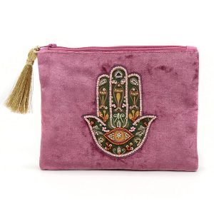 Pretty pink velvet purse with embroidered and embellished hand of Fatima and a golden tassel zip