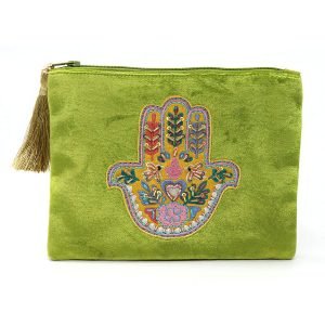 Rich lime green velvet purse with embroidered and embellished hand of Fatima and a golden tassel zip