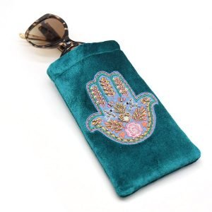 Rich teal blue velvet glasses case with embroidered and embellished hand of Fatima