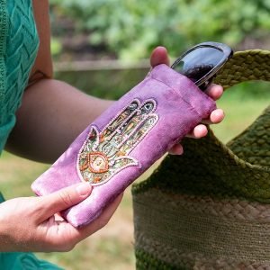 Rich dusky pink velvet glasses case with embroidered and embellished hand of Fatima