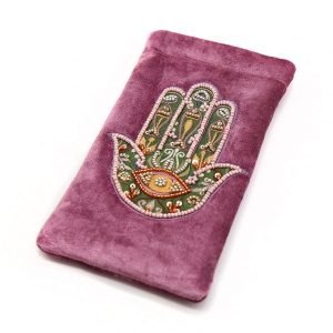 Rich dusky pink velvet glasses case with embroidered and embellished hand of Fatima