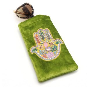 Rich lime green velvet glasses case with embroidered and embellished hand of Fatima