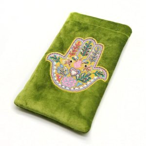 Rich lime green velvet glasses case with embroidered and embellished hand of Fatima