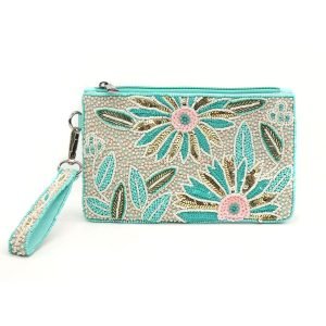 Turquoise floral zip purse with beaded embellishments in turquoise, white, pale pink and gold and a matching wrist strap