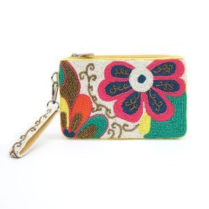 Bright floral zip purse with beaded embellishments invibrant pink, green, orange and gold and a matching wrist strap