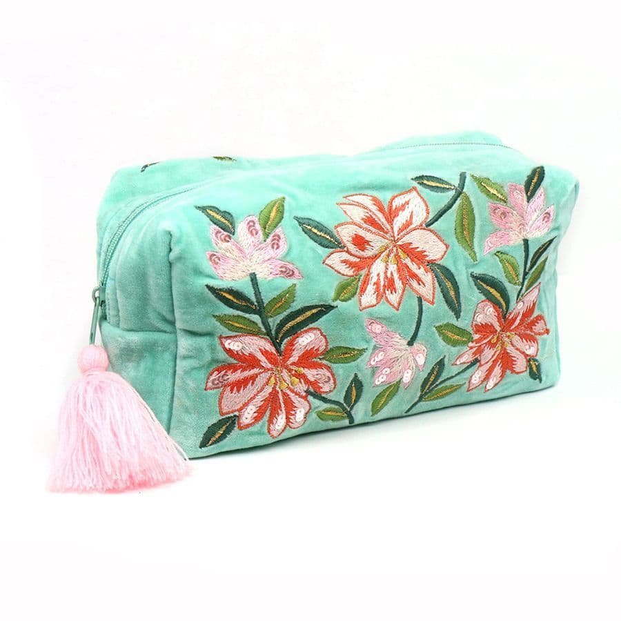 Lily Embroidered Turquoise Velvet Wash Bag - Image 2