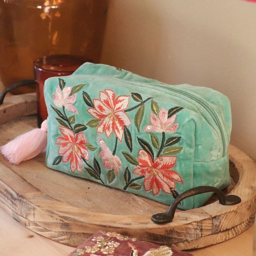 Lily Embroidered Turquoise Velvet Wash Bag