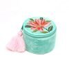 Turquoise velvet trinket box with pretty pink floral embroidery and tassel zip