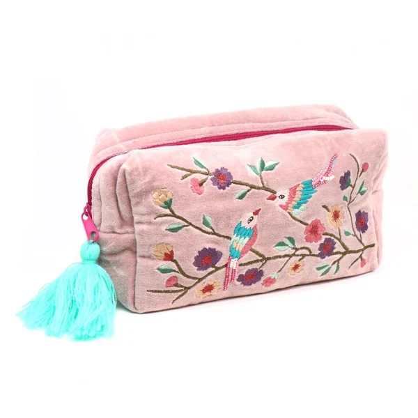 Bird Embroidered Blush Pink Velvet Wash Bag