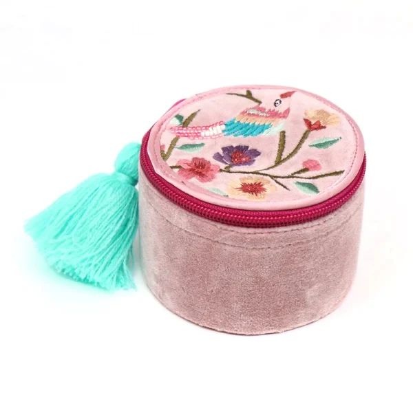 Bird Embroidered Blush Pink Velvet Trinket Box
