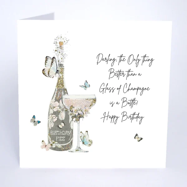 a birthday card with a bottle and a glass of champagne