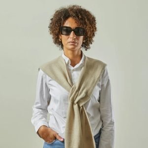 Model wearing Square lens sunglasses with smokey grey frame
