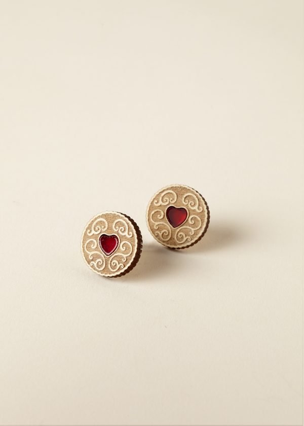 Stud earrings with little wooden jammie dodgers