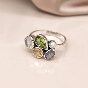 Sterling silver multi gemstone ring with peridot, pearl, labradorite, citrine and rainbow moonstone
