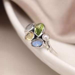 Sterling silver multi gemstone ring with peridot, pearl, labradorite, citrine and rainbow moonstone