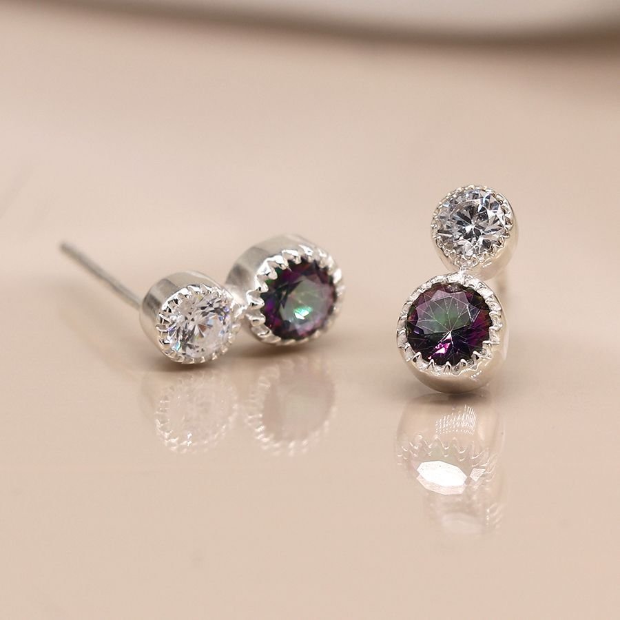 Sterling silver double stone stud earrings with faceted mystic topaz and CZ crystals in decorative silver settings