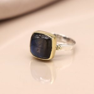 Sterling silver ring with a fine band and a large quare labradorite cabochon, in a brass plated setting