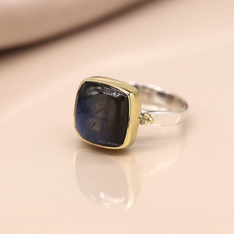 Sterling silver ring with a fine band and a large quare labradorite cabochon, in a brass plated setting