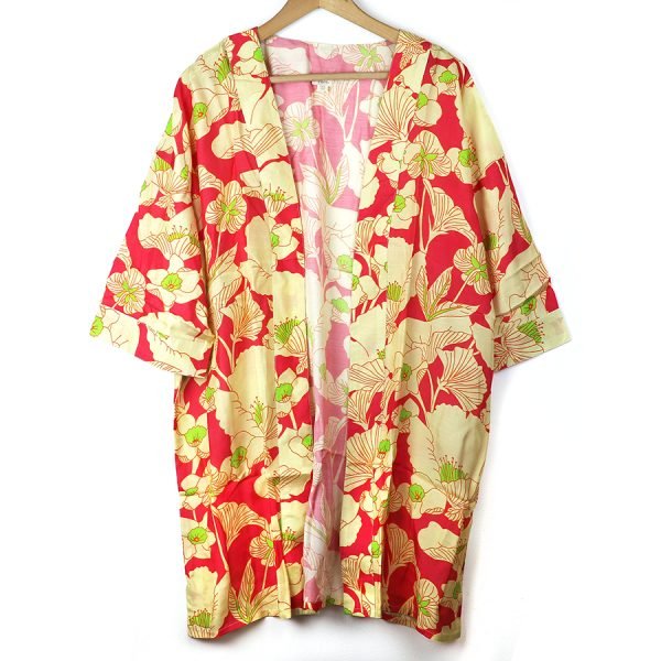 Long Red and Lime mix Tropical Print Kimono