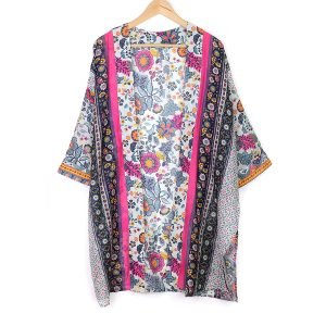 Long Blue and Pink Floral Kimono