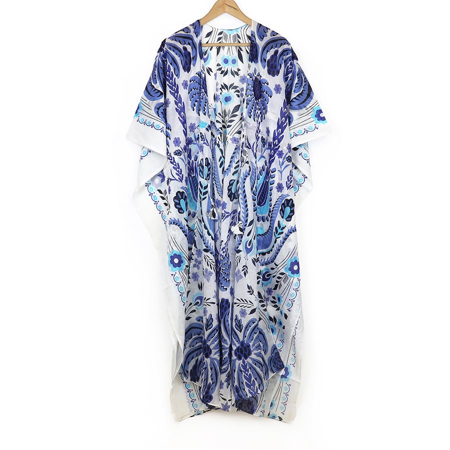 Long Blue and White Mix Floral Print Kimono