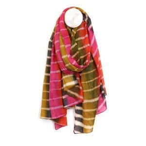 Organic cotton scarf in a mix of red, pink and olive with batik stripes
