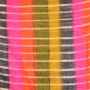 Organic cotton scarf in a mix of red, pink and olive with batik stripes