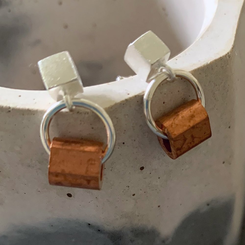 Industrial Silver and Copper Cube Earrings