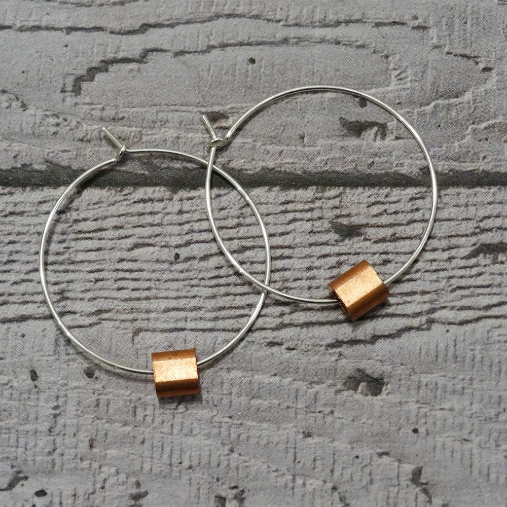 Industrial Silver Hoop Earrings with Copper Tube