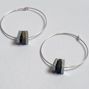 Delicate Sterling Silver Hoop Earrings featuring 3 small brass and steel nuts
