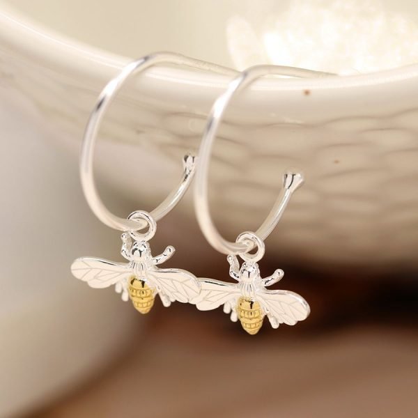 Sterling Open Hoop Silver and Gold Bee Earrings
