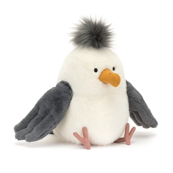 A white a grey fluffy cuddly seagull from Jellycat