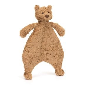 A cuddly brown toy teddy bear with an unstufferd flat blanket style body