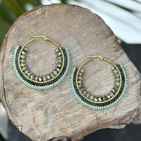 Large Blue Bead and Crystal Hoop Earrings