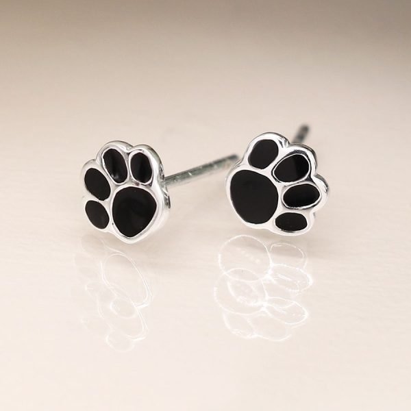 Silver Black Enamel Pawprint Studs