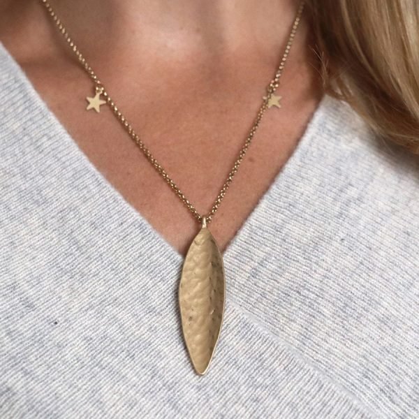 Worn Gold Hammered Long Leaf Necklace