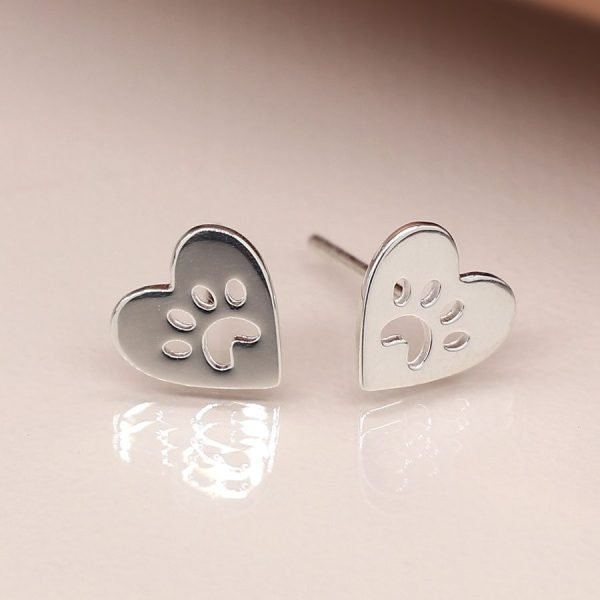 Silver Heart Pawprint Studs
