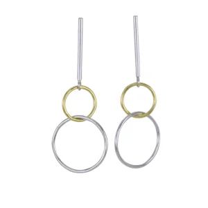 Bar and Twin Ring Drop Earrings in Sterling Silver and Gold Plate