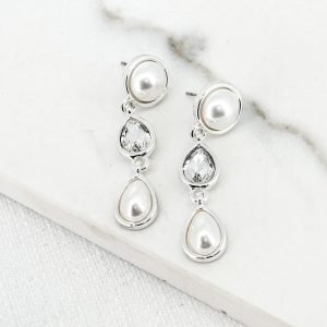 Silver earrings with pearl and crystal dropper
