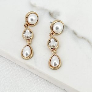 Gold earrings with pearl and crystal dropper