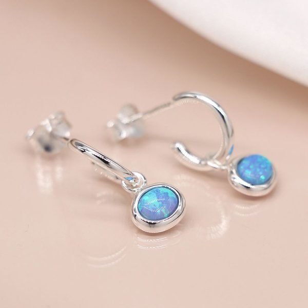 Sterling Silver Mini Hoop with Blue Opal Drop Earrings
