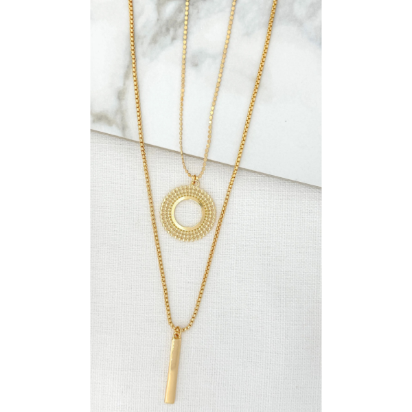 Long double layer gold necklace with circle and bar pendants