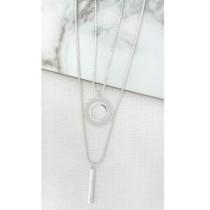 Long double layer silver necklace with circle and bar pendants