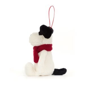 Jellycat Bashful Puppy Decoration. A soft black and white puppy with a red scarf hanging decoration