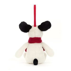 Jellycat Bashful Puppy Decoration. A soft black and white puppy with a red scarf hanging decoration
