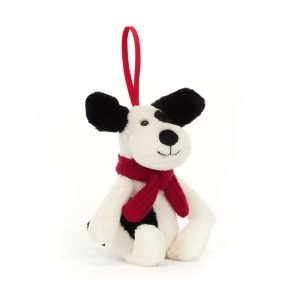 Jellycat Bashful Puppy Decoration. A soft black and white puppy with a red scarf hanging decoration