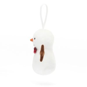 Jellycat Festive Folly Snowman. A soft nowman with a tartan bow tie hanging decoration