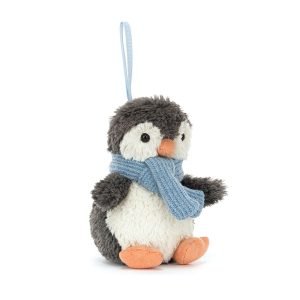 Jellycat Peanut Penguin Decoration. A soft little penguin with a blue scarf hanging decoration